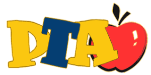 Yellow and blue letters spell out PTA, with a red apple on the right side